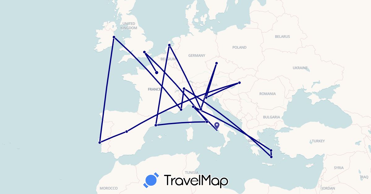 TravelMap itinerary: driving in Switzerland, Czech Republic, Spain, France, United Kingdom, Greece, Hungary, Ireland, Italy, Netherlands, Portugal (Europe)